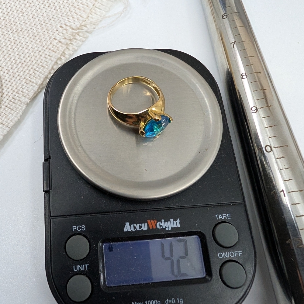 Vintage 925 Sterling Silver Gold Vermeil Statement Ring Faceted Blue Stone Sz 6 - Picture 3 of 16